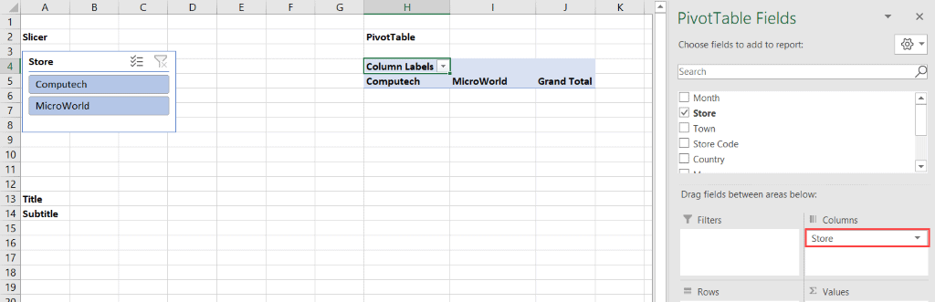 Drag the Slicer field to the columns area of the new Pivot Table