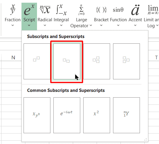 Click on the Subscript format option under the Script section of the Structures group