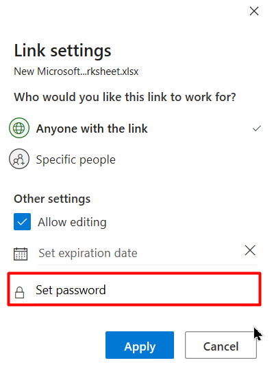 Set a password and expiration data if required